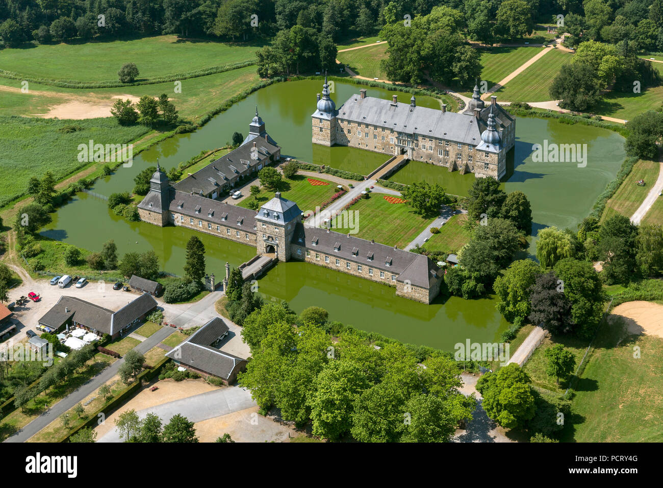 Lembeck Schloss, Wasserschloss Lembeck, 1674-1692 erbaut von Dietrich Conrad Adolf von Westerholt-Lembeck, Lembeck, Luftaufnahme von Dorsten. Stockfoto