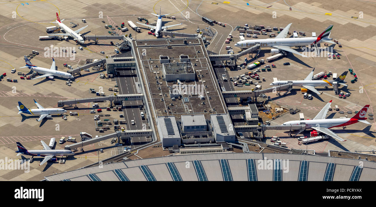 Air Berlin Jet, Luftbild, Tore und Jet Brücken zu den Flugzeugen, Terminal und Wartehallen, Düsseldorf Flughafen, Düsseldorf, Rheinland, Nordrhein-Westfalen, Deutschland Stockfoto