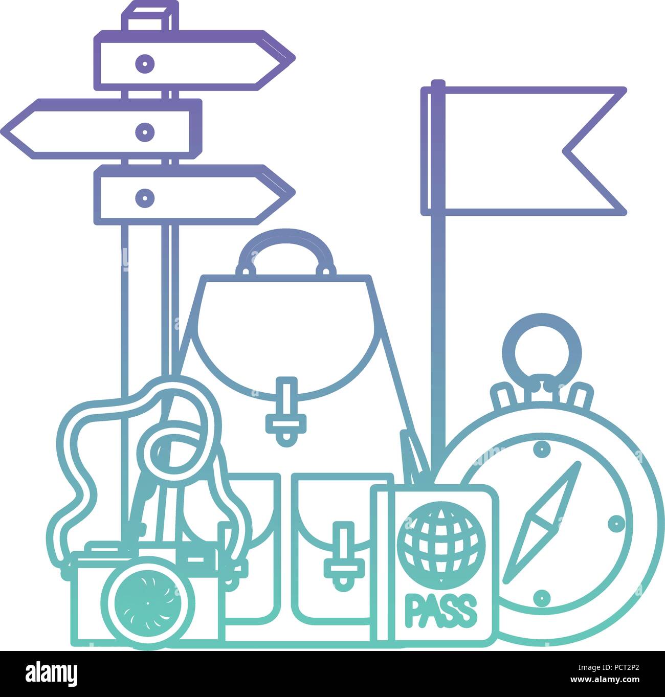 Kompass Guide mit Reisen Symbole gesetzt Stock Vektor