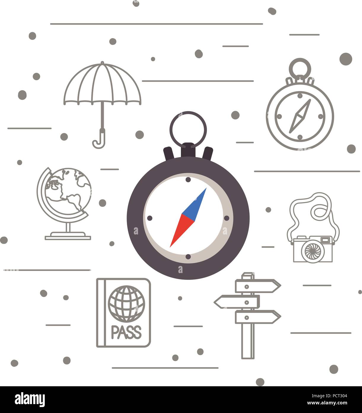 Kompass Guide mit Reisen Symbole gesetzt Stock Vektor