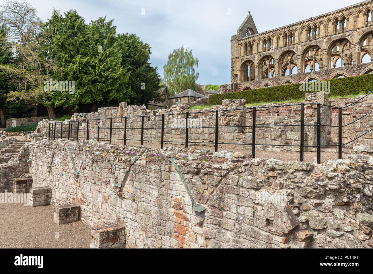 Blick auf die Ruinen der Jedburgh Abbey in Scottish Borders. Stockfoto