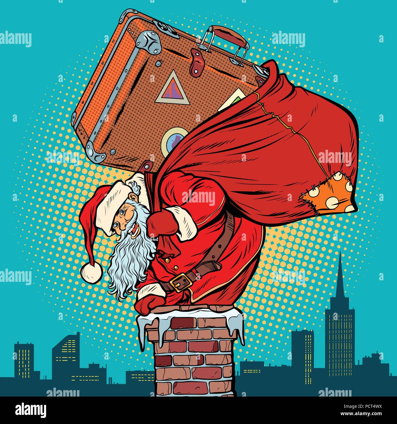 Santa Claus mit einem Koffer klettert in den Kamin Stock Vektor