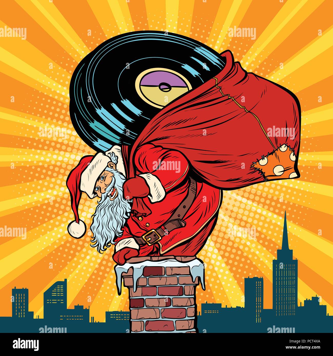 Santa Claus mit Schallplatten klettert in den Kamin Stock Vektor