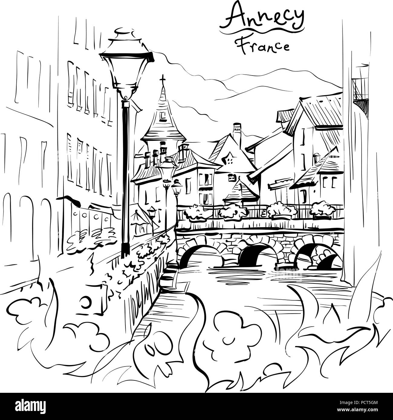 Annecy, Venedig der Alpen, Frankreich. Stock Vektor