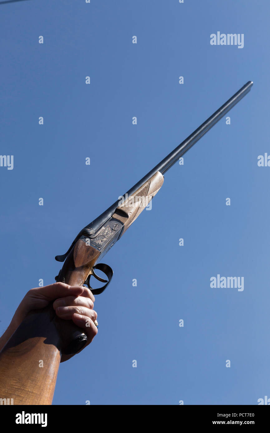 Mann hält 12 Gauge Shotgun Aloft, USA Stockfoto