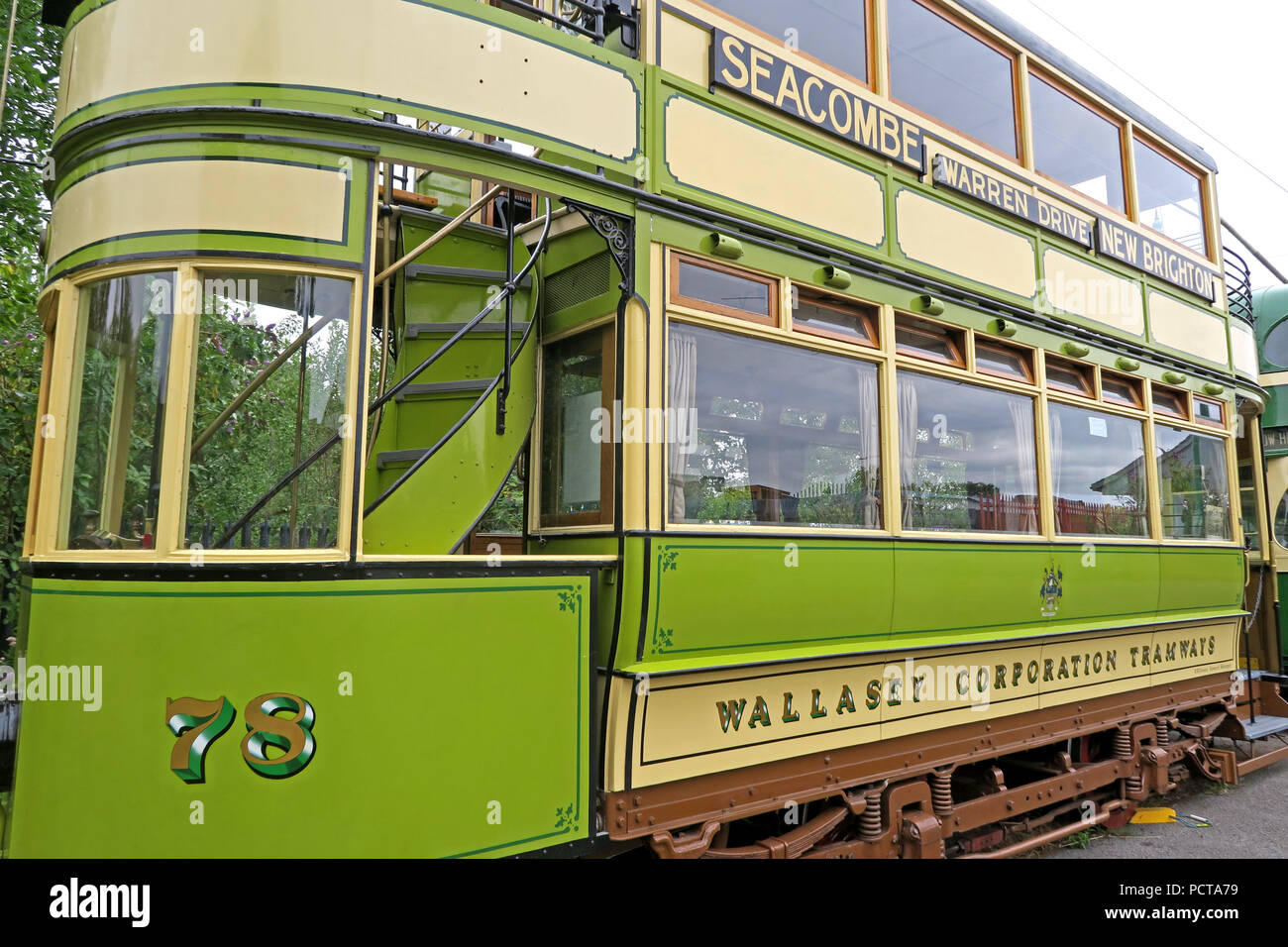 Wirral öffentliche Straßenbahn, Grün Creme 78 Seacombe Straßenbahn, Merseyside, North West England, Großbritannien Stockfoto