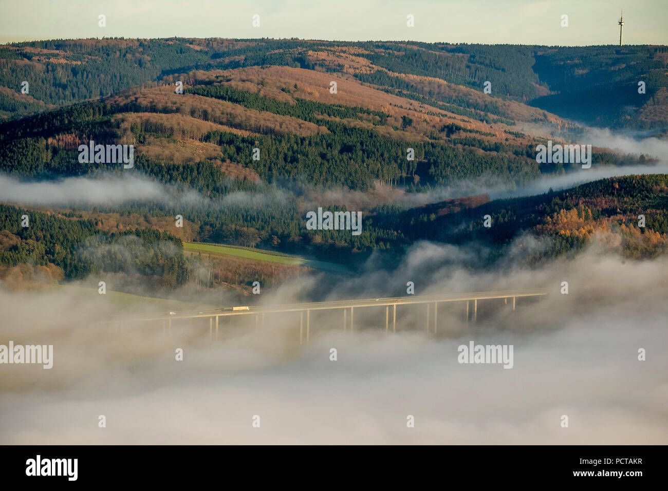 Tal Brücke Wennemen bei Nebel, Autobahn A46, Meschede, Sauerland, Nordrhein-Westfalen, Deutschland Stockfoto