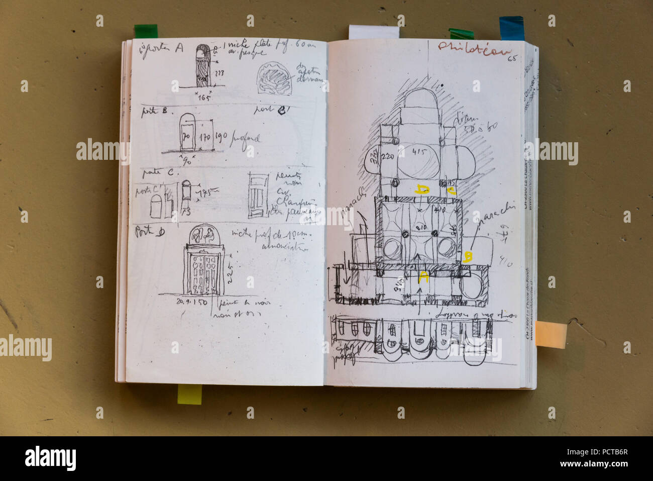 Skizzenbuch der Architekt Le Corbusier für La Maison Blanche, La Chaux-de-Fonds, Jura, Kanton Neuenburg, West Switzerland, Schweiz Stockfoto