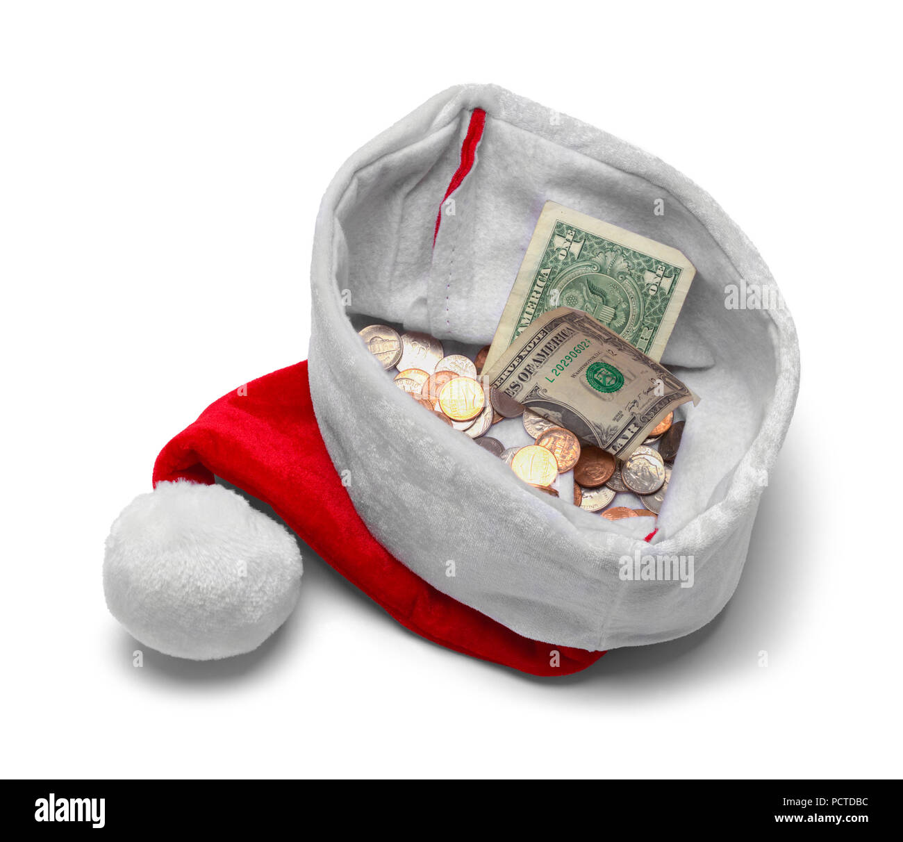 Santa Claus hat mit Geld isoliert auf Weiss. Stockfoto