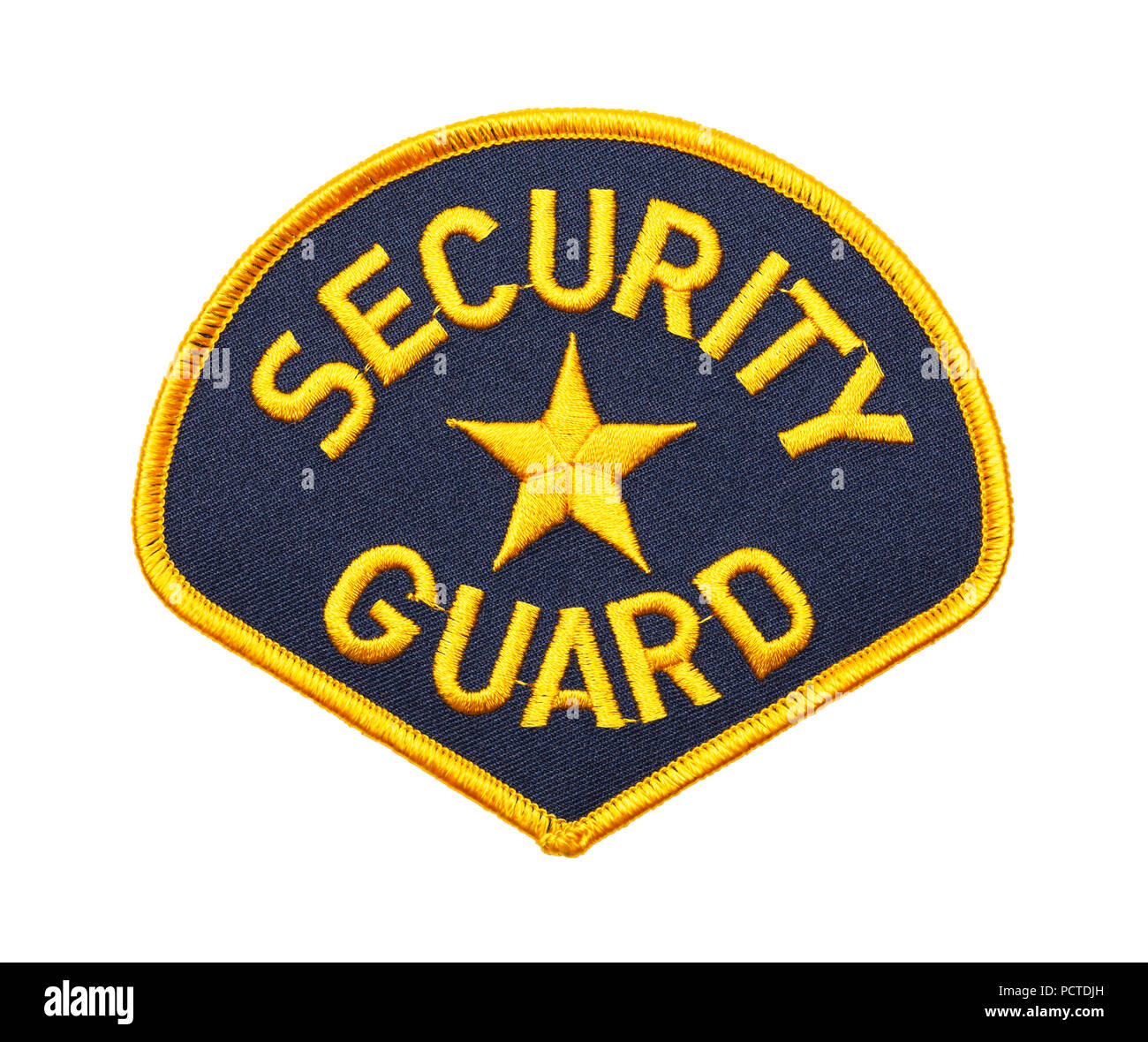 Blau und Gold Security Guard Aufnäher isoliert auf weißem Hintergrund. Stockfoto