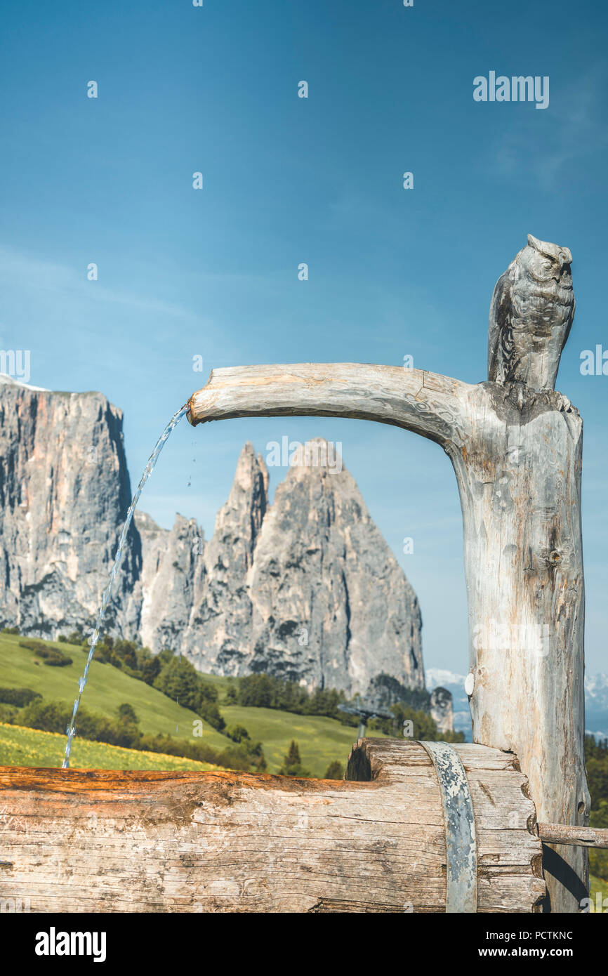 Europa, Italien, Bozen, Südtirol, Seiser Alm - Seiser Alm. Urige Hütten auf der Seiser Alm, im Hintergrund der Schlern, Dolomiten Stockfoto