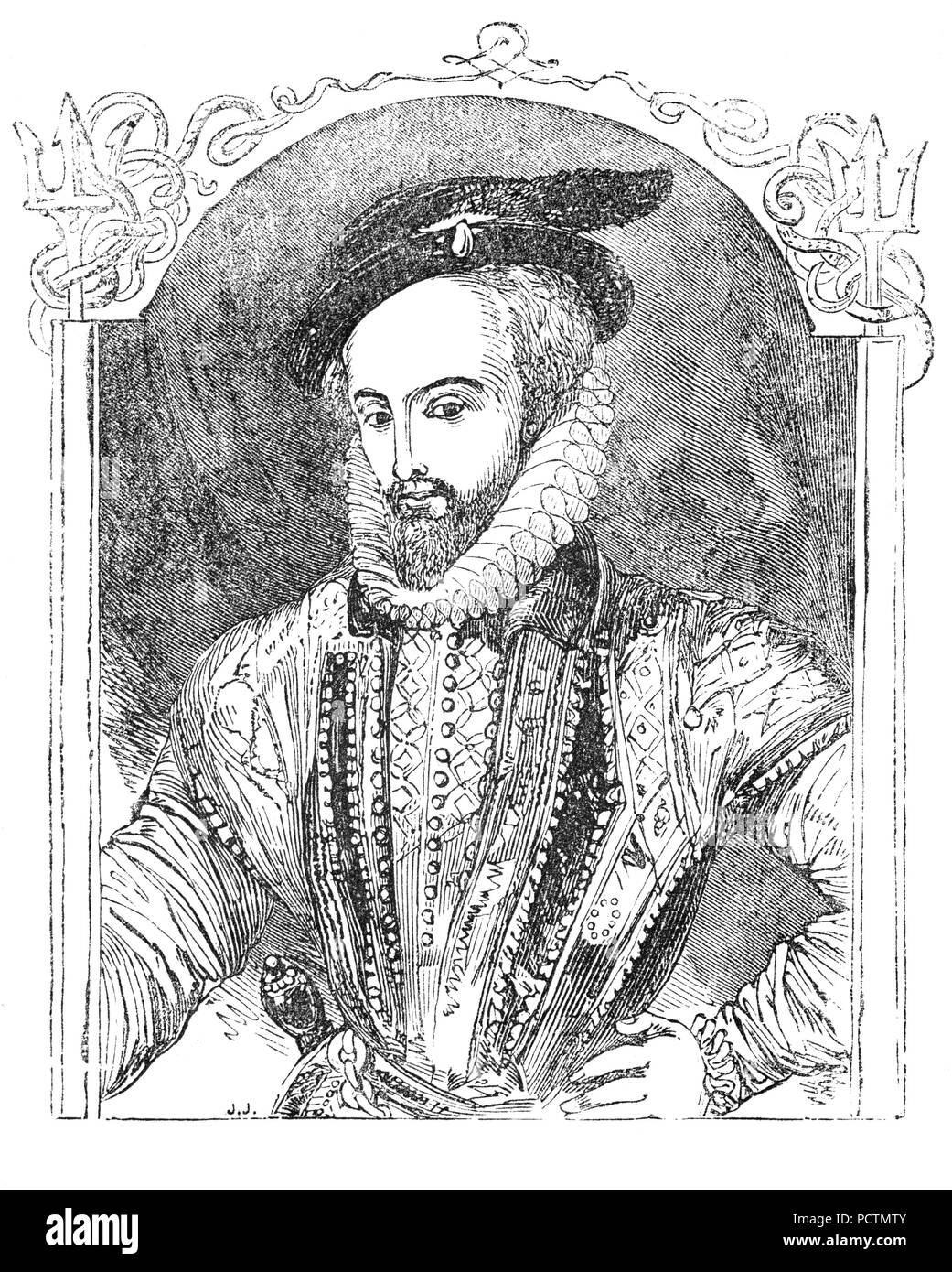 Ein Porträt von Sir Walter Raleigh (1554-1618) war ein englischer Gentleman gelandet, Schriftsteller, Dichter, Soldat, Politiker, Höfling, Spion und Explorer. Er wurde ein Liebling der Königin Elizabeth I und im Jahre 1585, wurde zum Ritter geschlagen und ernannten Aufseher der Zinnminen stannaries - Cornwall und Devon, Herr Leutnant von Cornwall, und vizeadmiral der beiden Grafschaften. Er saß im Parlament als Abgeordneter für Devonshire in 1585 und 1586. Im Armada Baujahr 1588, Raleigh hatten einige Beteiligung mit Verteidigung gegen die Spanischen im Devon, als sein Schiff, die Arche Raleigh, wurde Lord High Admiral Howard's Flaggschiff. Stockfoto