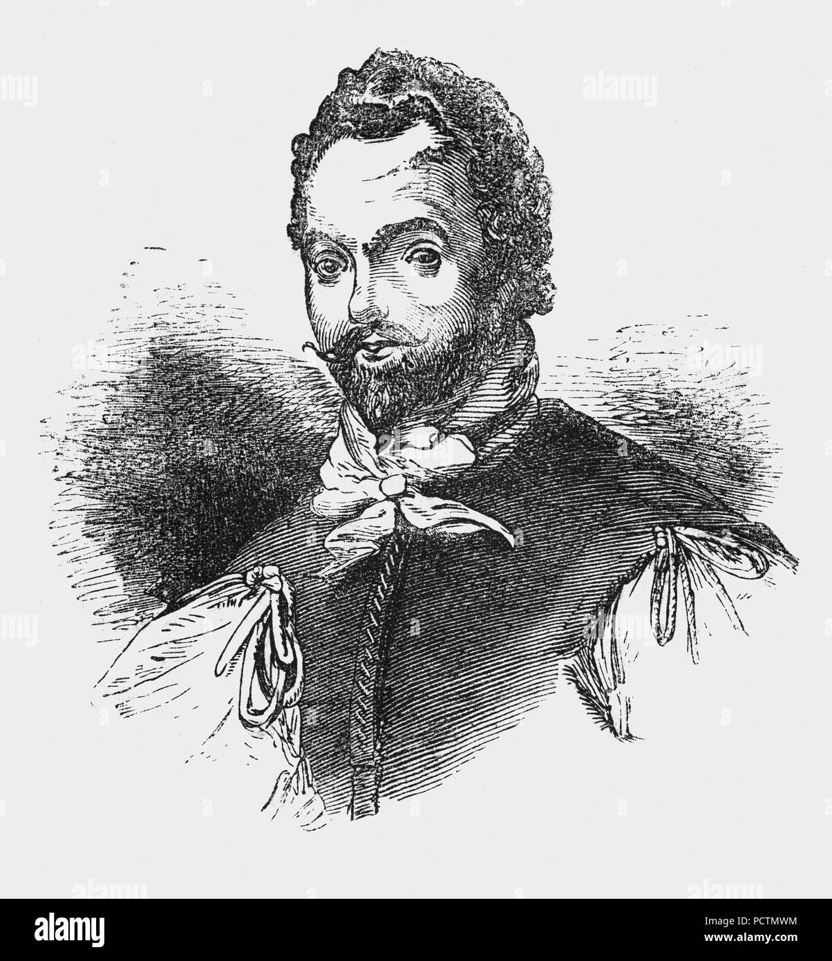 Ein Porträt von Sir Francis Drake (1540-1596), englischer Seekapitän, privateer, Sklavenhändler, Marineoffizier und Entdecker der Elisabethanischen Ära. Drake durchgeführt, die zweite Umrundung der Welt in einem einzigen Expedition, von 1577 bis 1580 und war die erste Reise als Kapitän beim Führen der Expedition im gesamten Weltumsegelung zu vervollständigen. Queen Elizabeth I ausgezeichnet Drake einen Orden im Jahre 1581, die er auf der Golden Hind in Deptford empfangen. Als Vice Admiral, war er in der englischen Flotte in der Schlacht gegen die spanische Armada 1588. Stockfoto