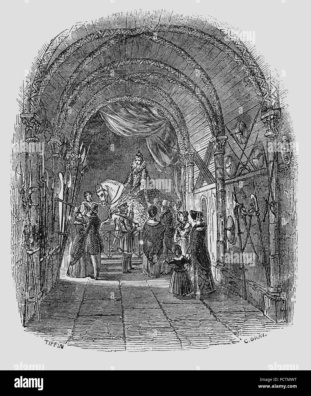 Queen Elizabeth Zeughaus in der Tower von London, England. Die ehemals spanische Rüstkammer", wurde das Gefängnis von Sir Walter Raleigh. Es wurde ein Verwahrer der mittelalterlichen Waffen. Am Ende des Raumes ist ein Porträt der Königin auf einem weißen Pferd auf ihrem Weg zu einer Danksagung an die St Paul's Kathedrale für den erfolgreichen Ausgang der Spanischen Armada. Stockfoto Queen Elizabeth Zeughaus in der Tower von London, England. Die ehemals spanische Rüstkammer", wurde das Gefängnis von Sir Walter Raleigh. Es wurde ein Verwahrer der mittelalterlichen Waffen. Am Ende des Raumes ist ein Porträt der Königin auf einem weißen Pferd auf ihrem Weg zu einer Danksagung an die St Paul's Kathedrale für den erfolgreichen Ausgang der Spanischen Armada. Stockfoto