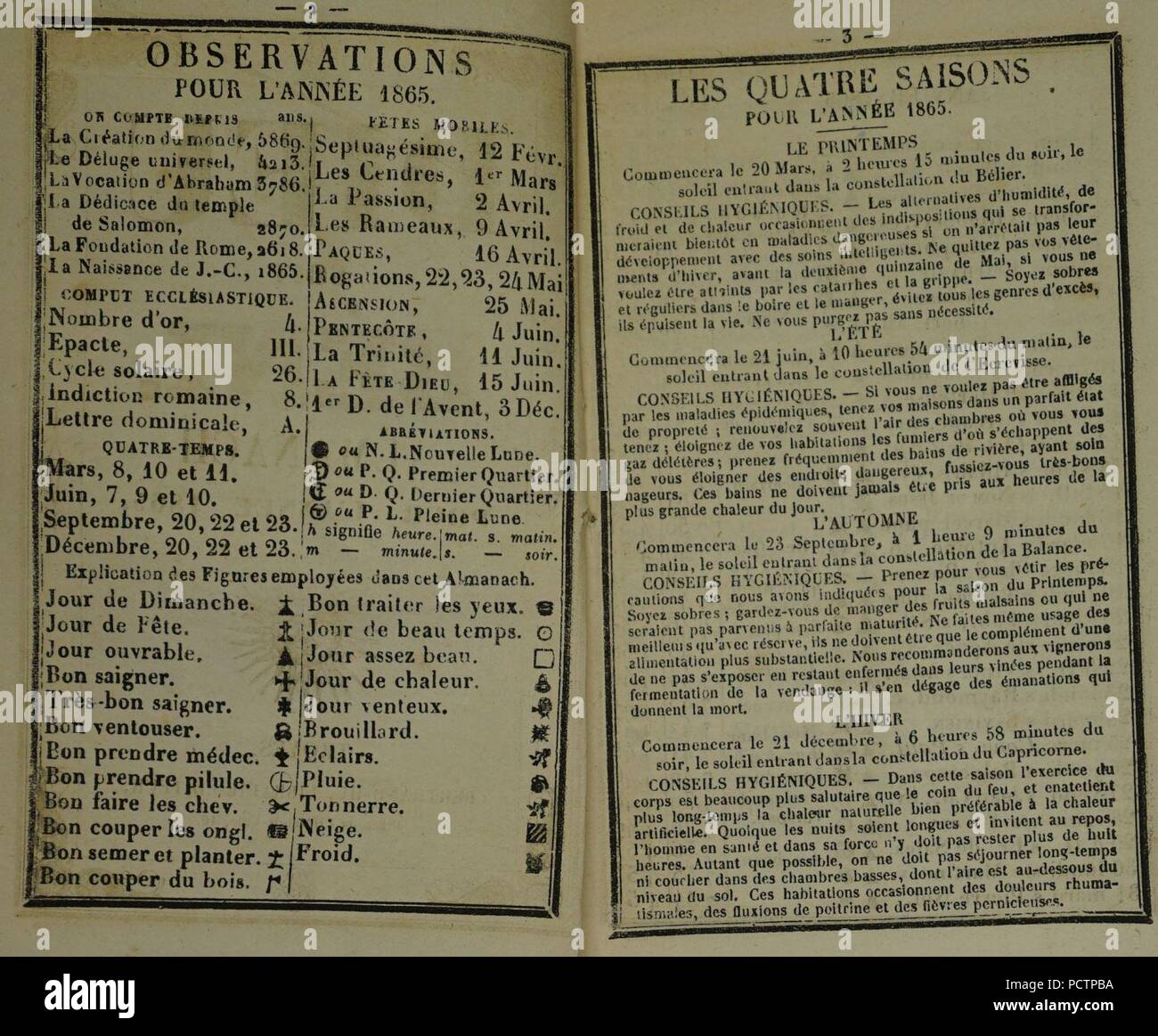 Almanach Dieu Soit béni 1865 10126. Stockfoto