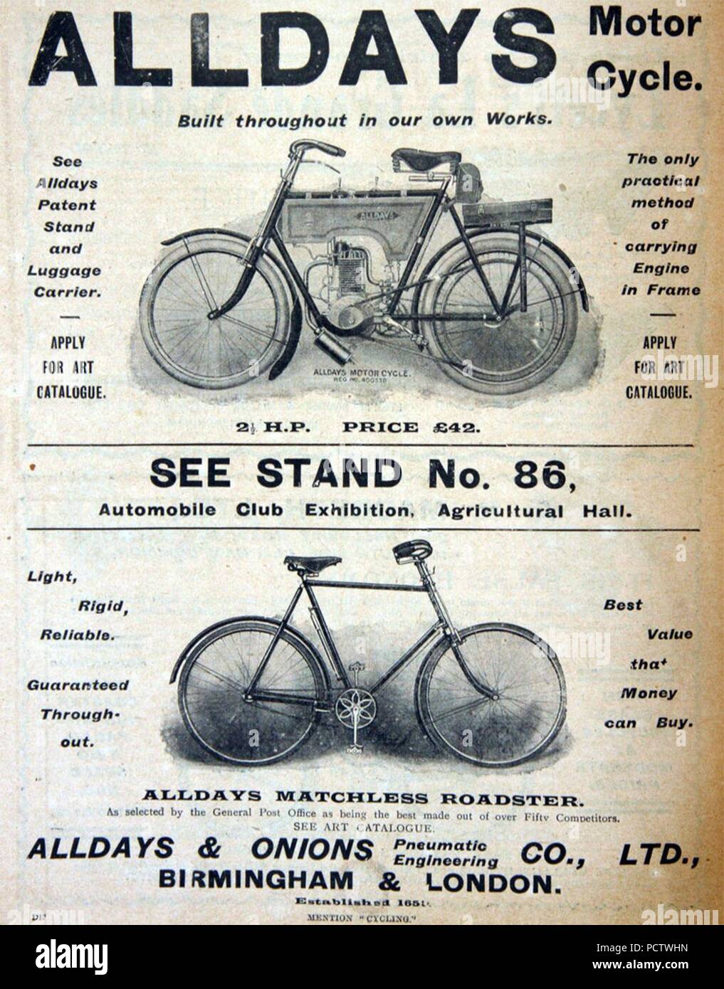 Alldays Fahrrad und Motorrad ad (1904). Stockfoto