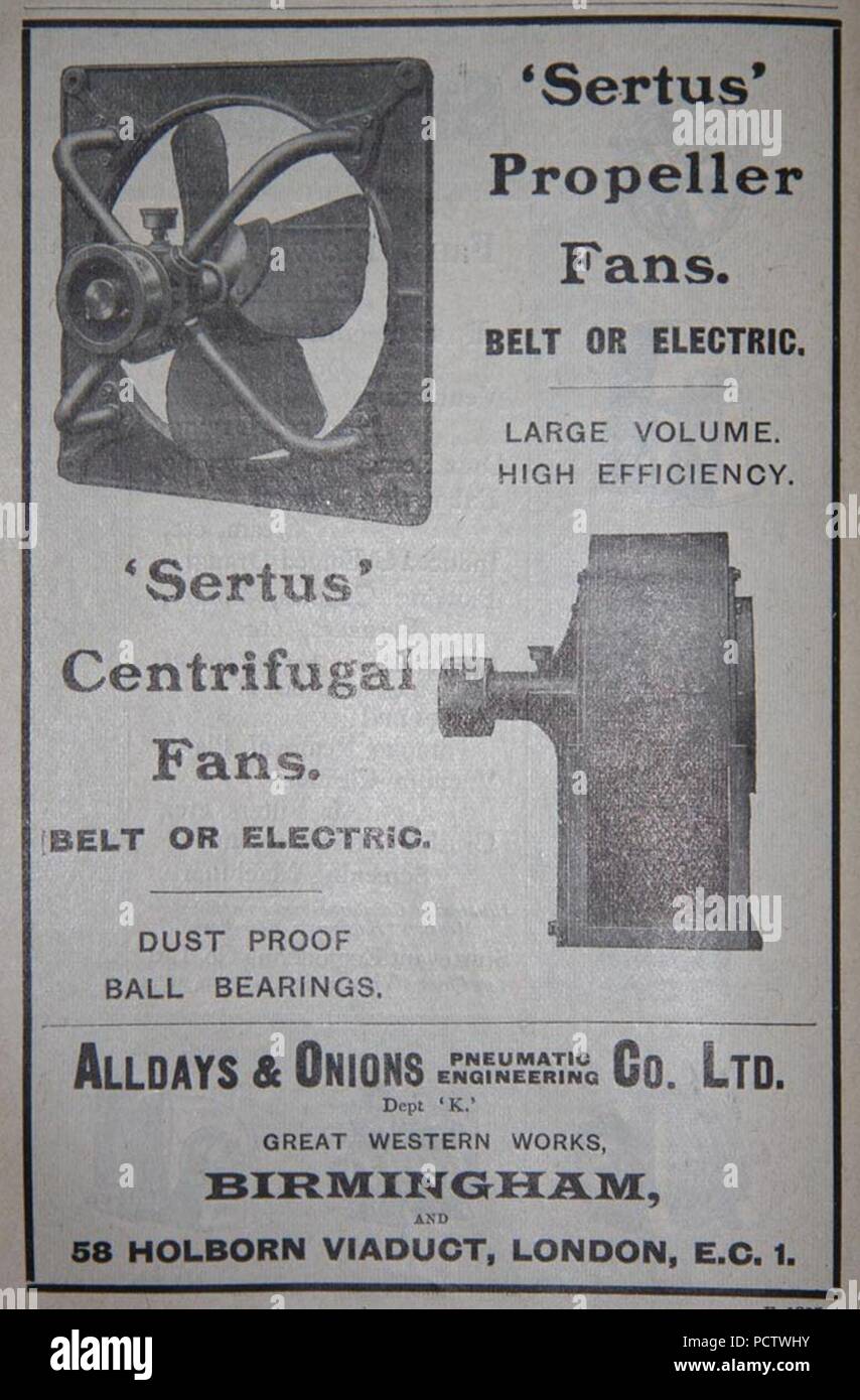 Sertus Alldays Industrielle Ventilatoren und Gebläse ad (1918). Stockfoto