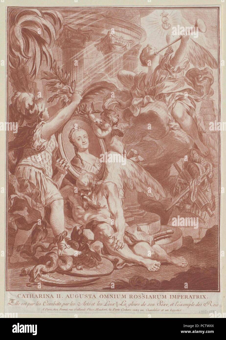 Allegorie von Katharina II. von Russland (Gravur). Stockfoto