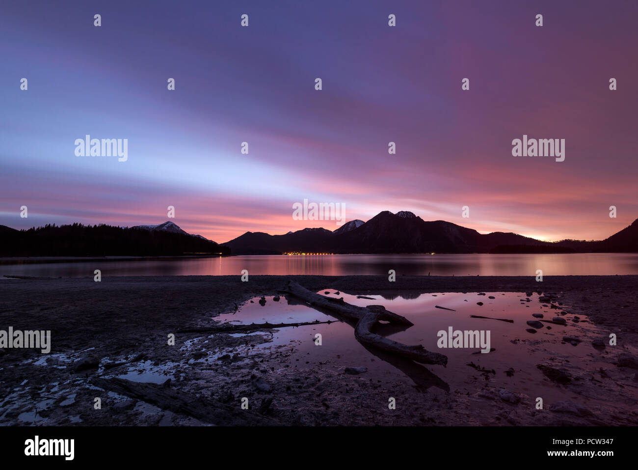 Treibholz am Ufer des Walchensee während eines gigantischen Sonnenuntergang Stockfoto