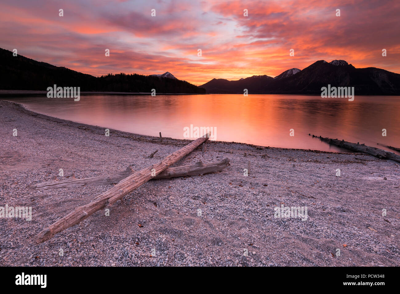 Treibholz am Ufer des Walchensee während eines gigantischen Sonnenuntergang Stockfoto
