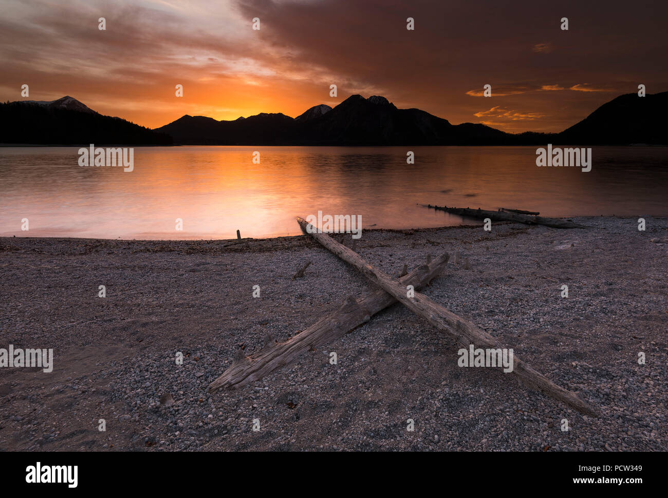 Treibholz am Ufer des Walchensee während eines gigantischen Sonnenuntergang Stockfoto