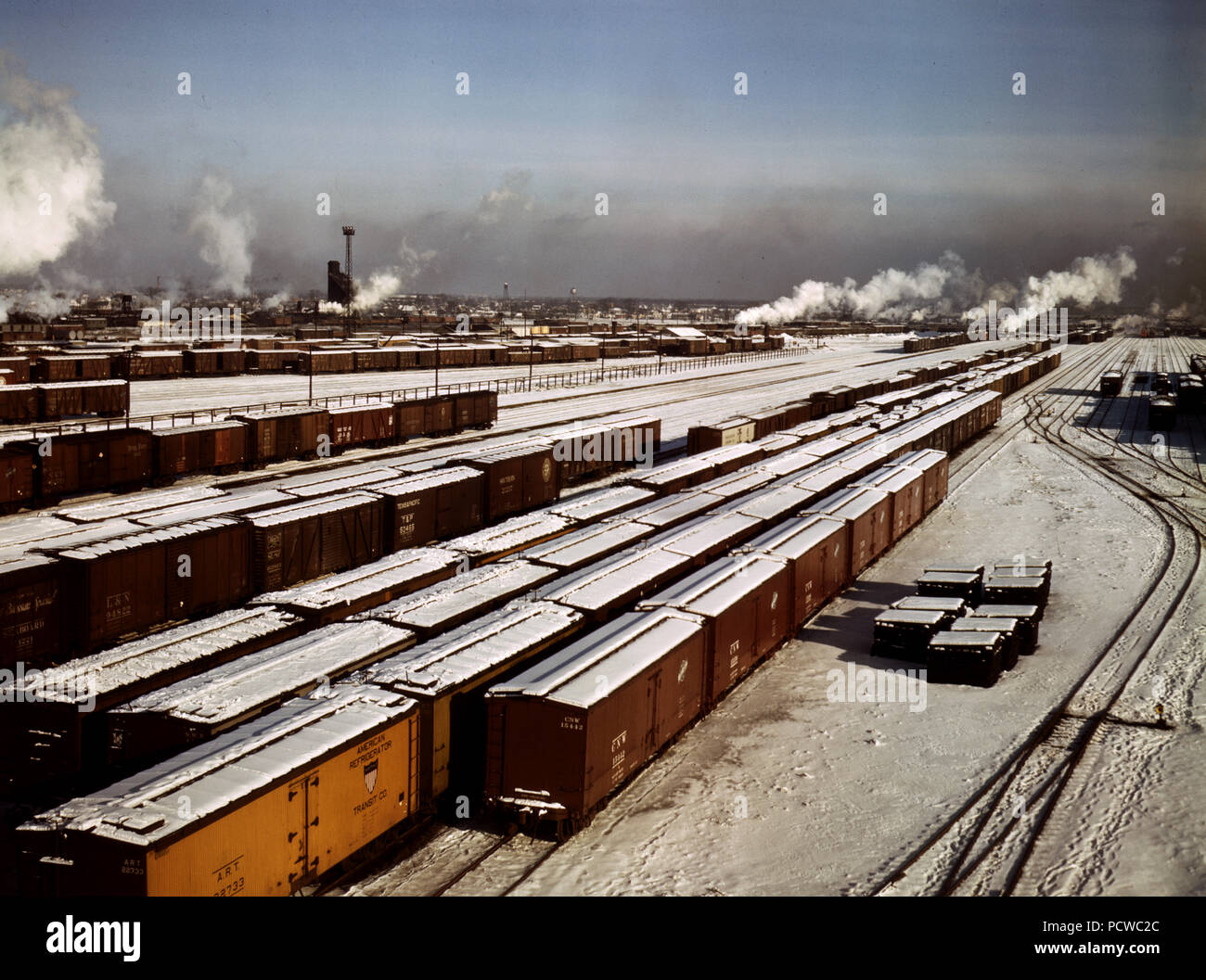 Allgemeine Ansicht von einer Einstufung yard bei C&NW von RR [d. h. Chicago und North Western Railroad] Vorbehalt Yard, Chicago, Illinois, USA, Dezember 1942 Stockfoto