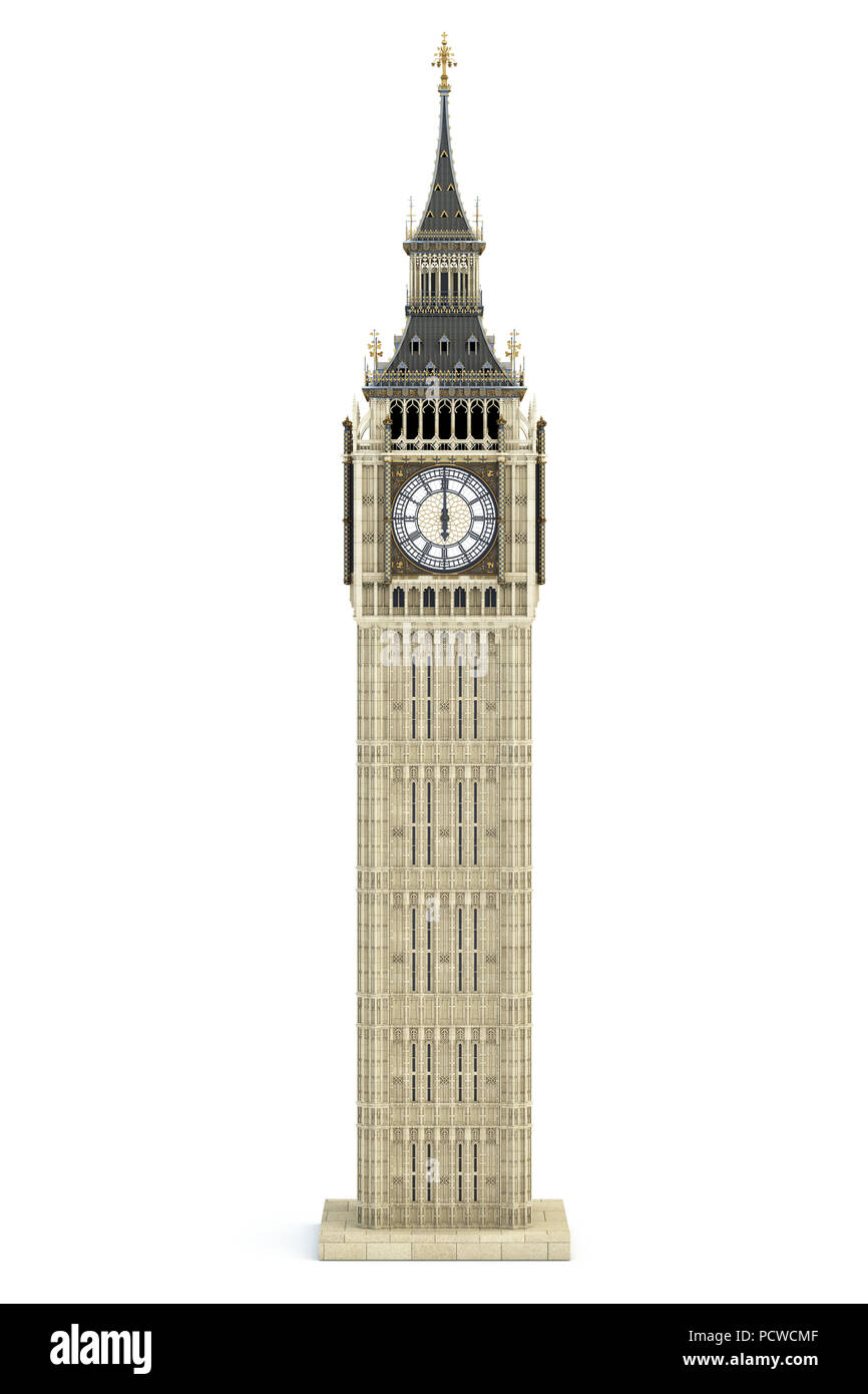 Big Ben Tower der architektonischen Symbol von London, England und Großbritannien isoliert auf weißem Hintergrund. 3D-Darstellung Stockfoto