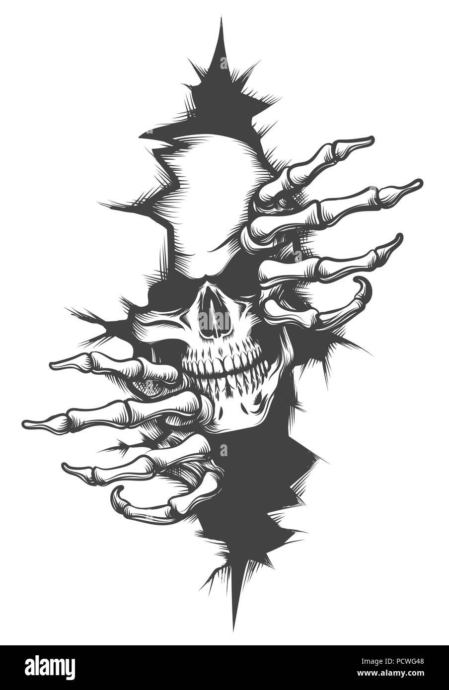Menschlicher Schädel peeping durch die Bohrung in der Tattoo Stil gezeichnet. Vector Illustration. Stock Vektor