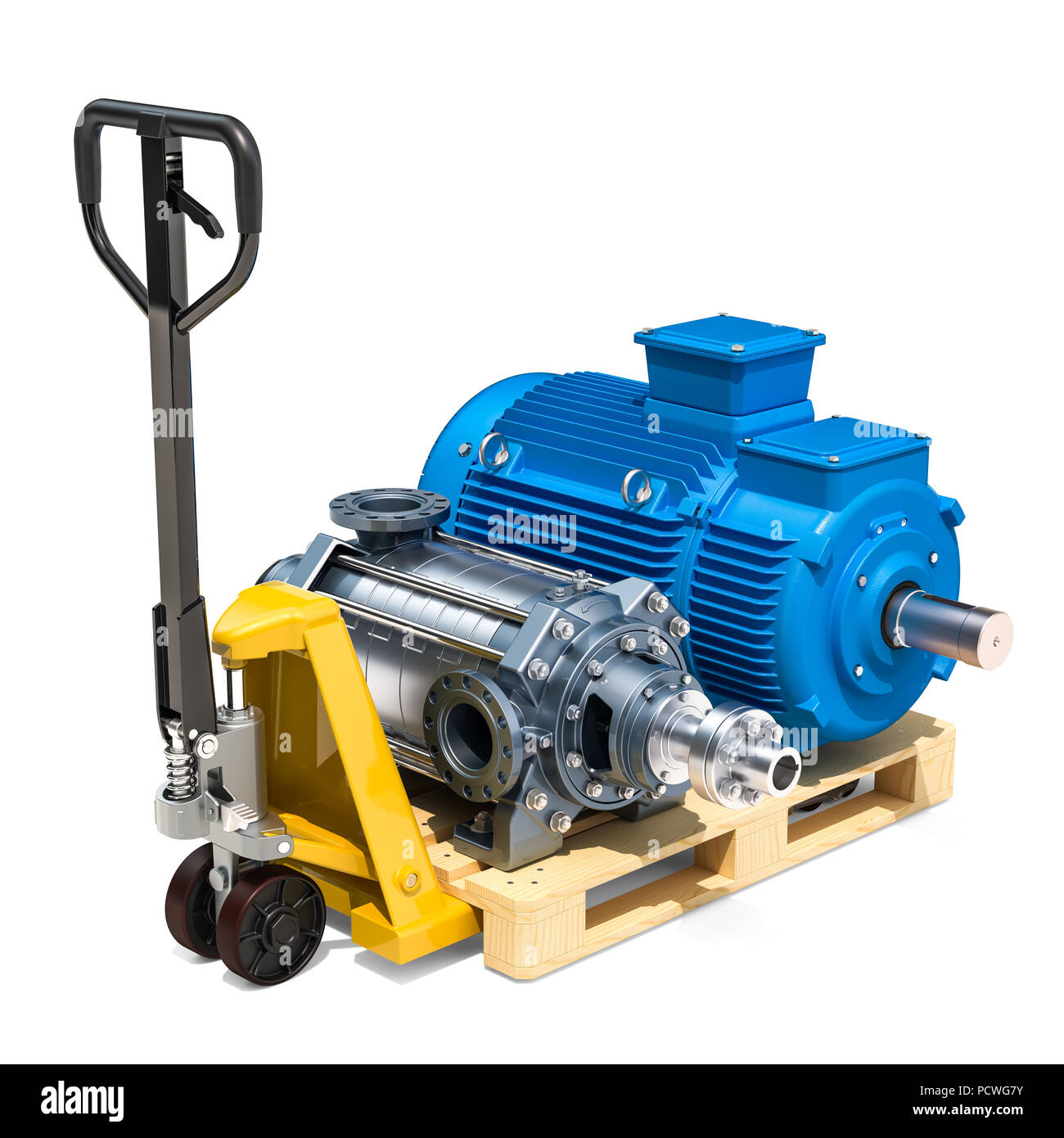 Hubwagen mit Zentrifugalpumpe und Elektromotor. 3D-Rendering auf weißem Hintergrund Stockfoto