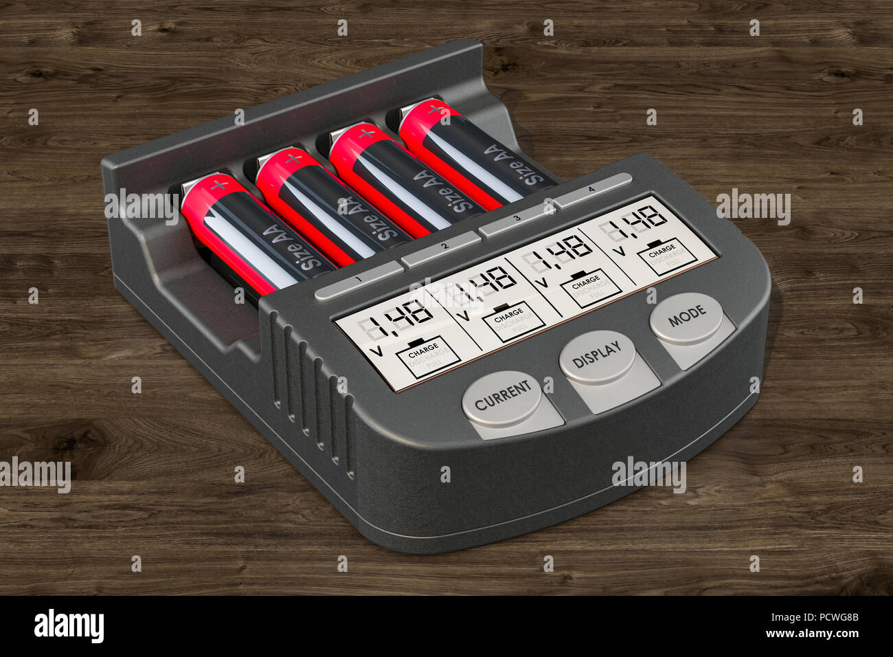 Smart AA AAA-Batterie Ladegerät mit Akkus auf der hölzernen Hintergrund, 3D-Rendering Stockfoto