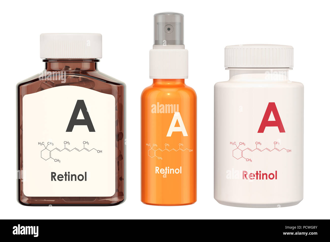 Vitamin A, Retinol. Medizinische Flaschen mit Pillen und Sprühflasche, 3D-Rendering auf weißem Hintergrund Stockfoto