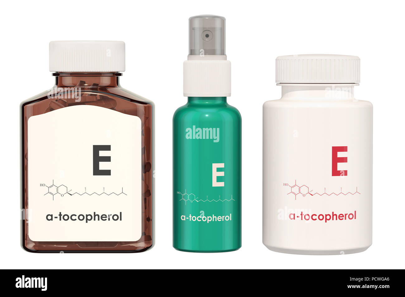 Vitamin E, tocopherole. Medizinische Flaschen mit Pillen und Sprühflasche, 3D-Rendering auf weißem Hintergrund Stockfoto