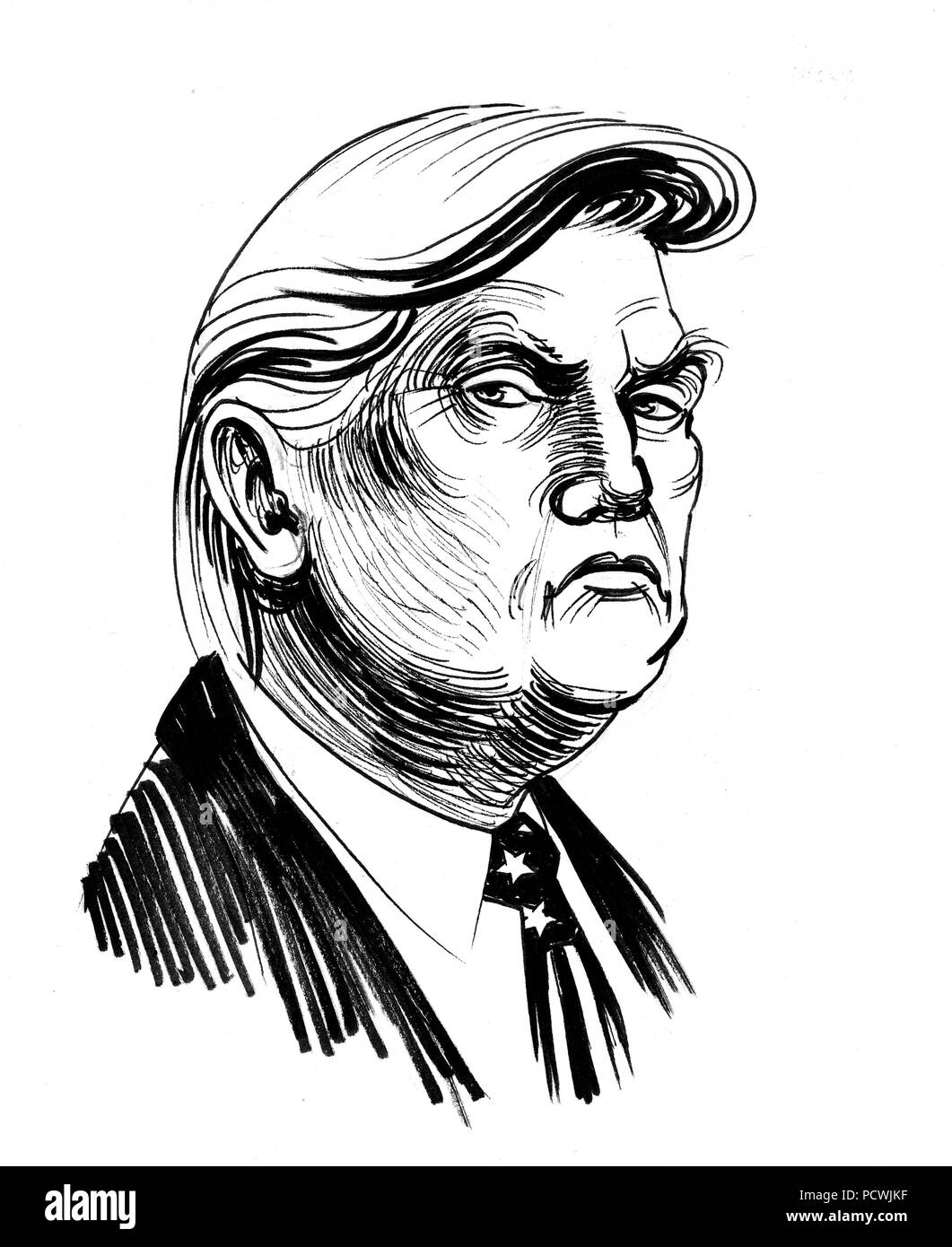 Der US-amerikanische Präsident Donald Trump. Tinte schwarz und weiß Cartoon Stockfoto