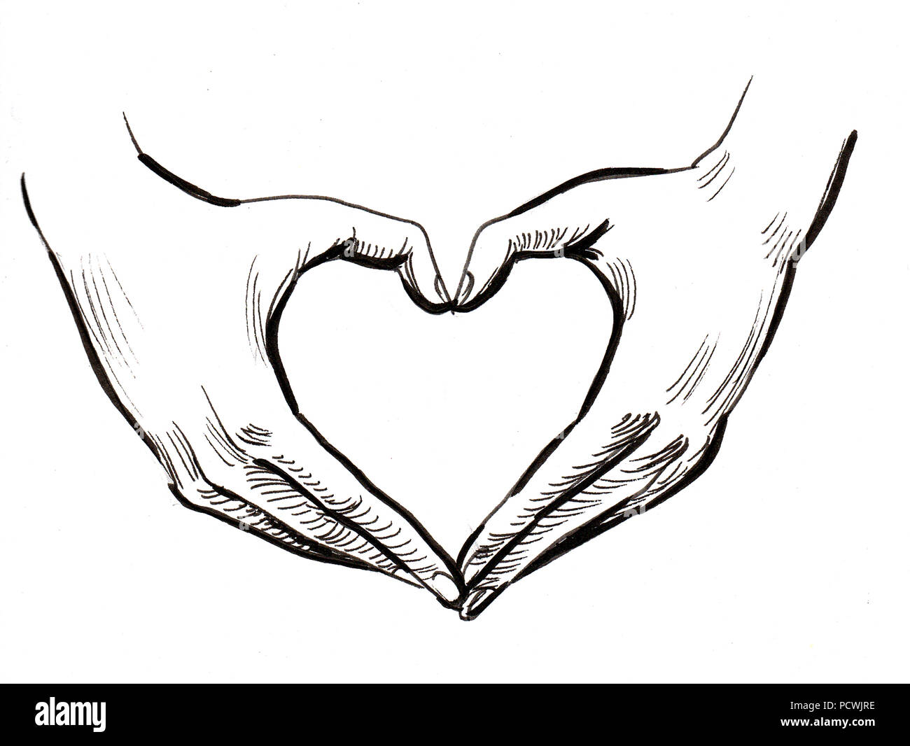 Hände und Herzen Form. Tinte schwarz-weiss Zeichnung Stockfoto