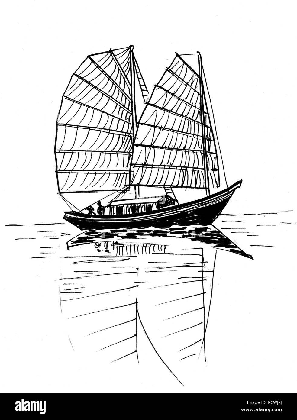 Alte Chinesische Schiff Tinte Schwarz Weiss Zeichnung Stockfotografie Alamy