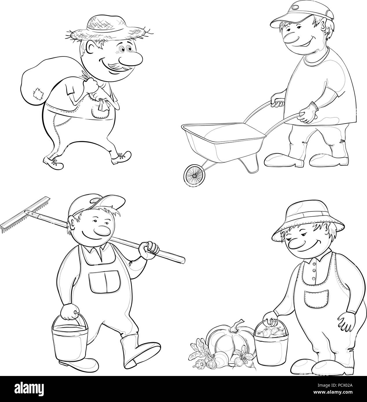 Cartoon Gärtner arbeiten, trägt einen Sack, trägt leeren Wagen, trägt eine Schaufel und Rechen, mit der Ernte von Gemüse. Schwarze Kontur auf weißem Hintergrund. Vektor Stock Vektor