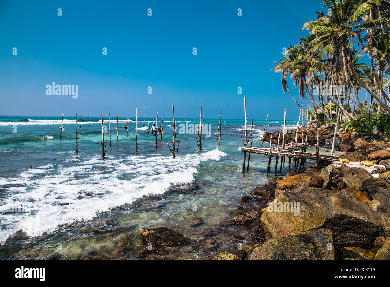 Nicht identifizierte die lokalen Fischer fischen in den einzigartigen Stil. Sri Lanka. Diese Art der Fischerei ist traditionell für Sri Lanka im Indischen Ozean. Stockfoto