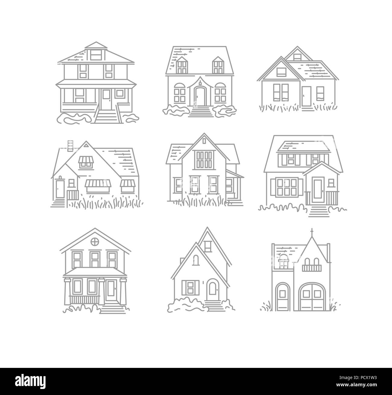 Satz von Haus unterschiedliche Formen Symbole zeichnen in flacher Stil auf weißem Hintergrund Stock Vektor