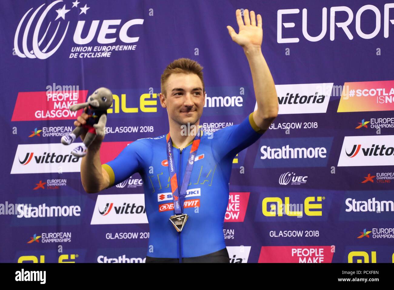 Glasgow, UK. 04 Aug, 2018. Elia Viviani (Italien) Vize Meister Europas Omnium auf dem Podium während der Track Radfahren Europameisterschaften 2018 in Glasgow, im Sir Chris Hoy Velodrom, in Glasgow, Großbritannien, 3. Tag, vom 4. August 2018 - Foto Laurent lairys/DPPI Credit: Laurent Lairys/Agence Locevaphotos/Alamy leben Nachrichten Stockfoto