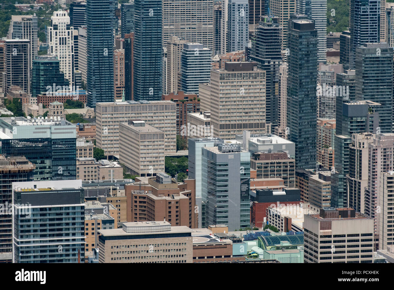 Toronto, Ontario, Kanada. Blick nach Norden von der Oberseite der CN Tower in der Betonwüste der Stadt. Stockfoto