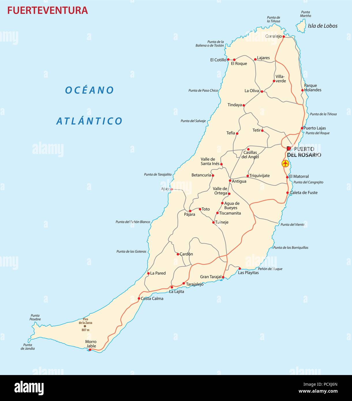 Vektor road map der Kanarischen Insel Fuerteventura Karte. Stock Vektor