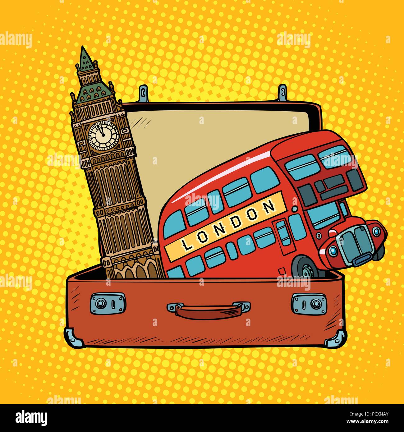 Reisen nach England. Koffer mit Sehenswürdigkeiten von London Stock Vektor