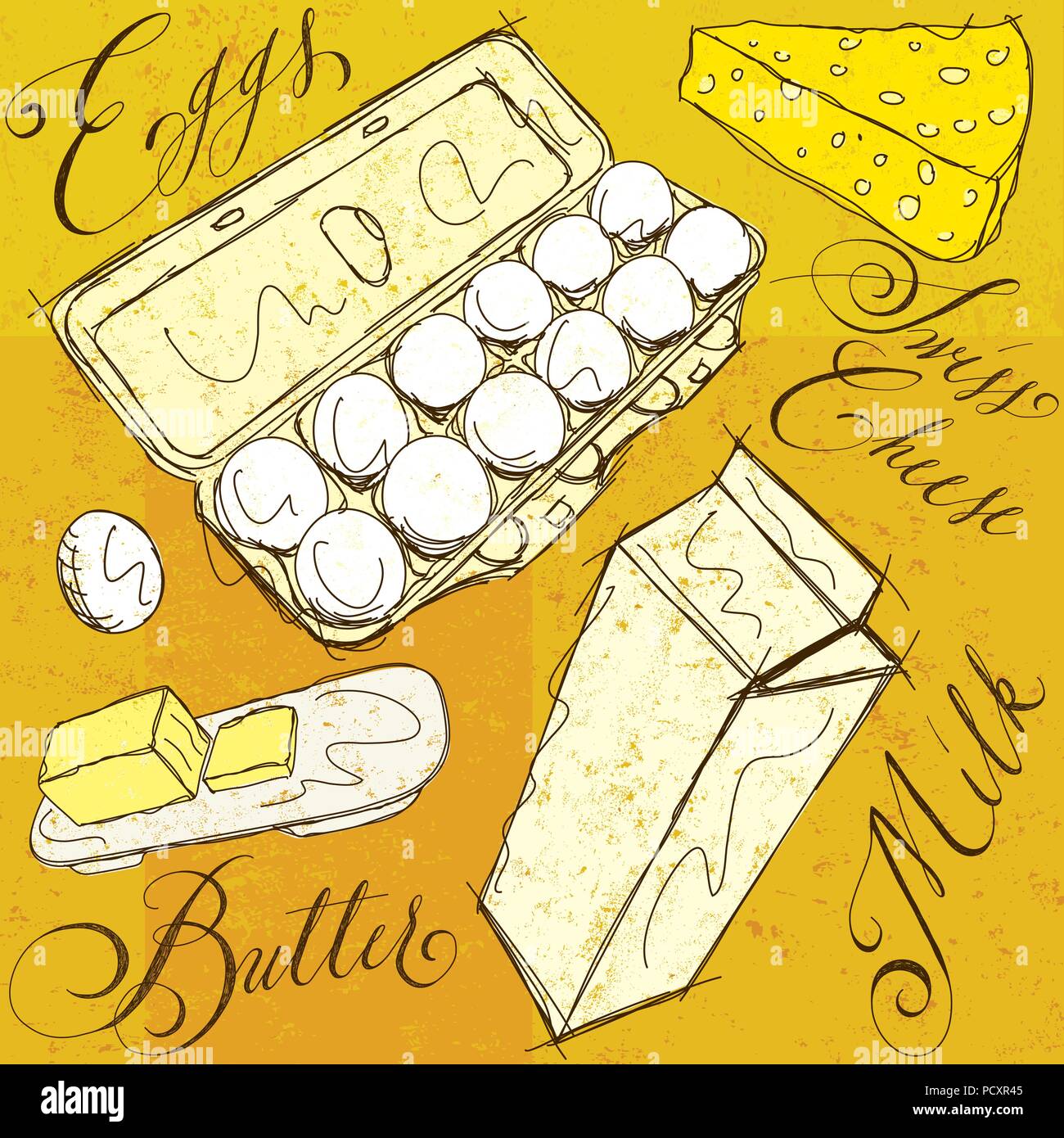 Milchprodukte mit Kalligraphie Skizzen von Milch, Eier, Butter und Käse mit Kalligraphie. Stock Vektor