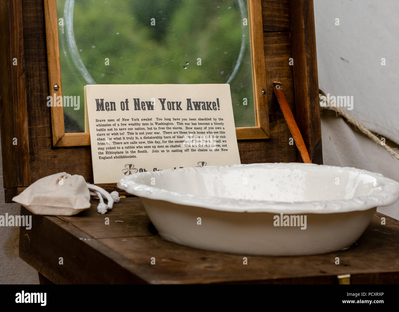 Duncans Mühlen, CA - 14. Juli 2018: Bei einem Nordkalifornien Bürgerkrieg reenactment in Erinnerung an die Stadt New York draft Riots (Entwurf Woche) Wenn t Zeichen Stockfoto