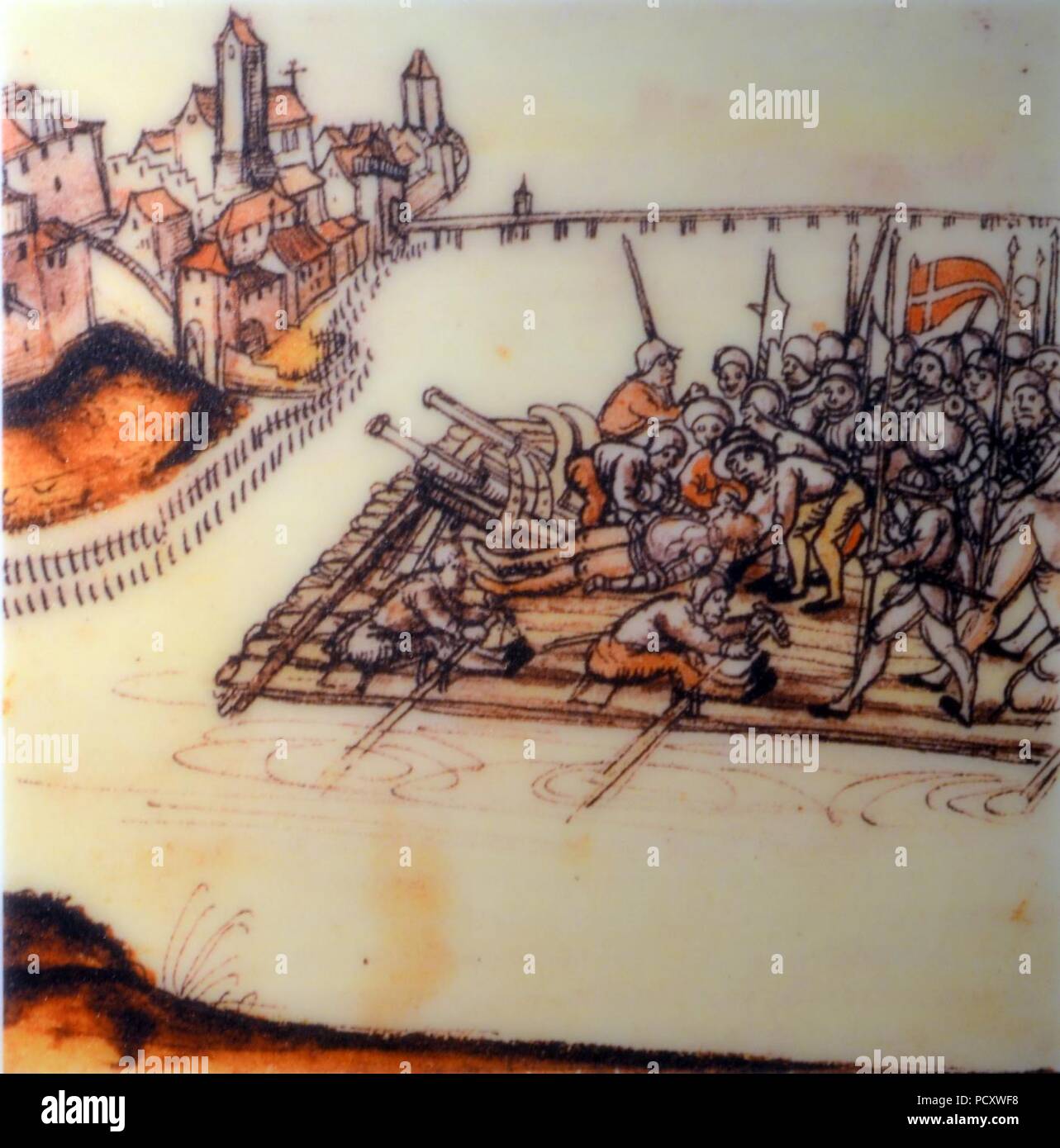 Alter Zürichkrieg - Schwyzer beschiessen von einems Glasschlacke aus erfolglos Rapperswil, Ammann Hans ab Yberg wird von einer Kugel getroffen, Chronik Werner Schodoler, 1514 - Stockfoto