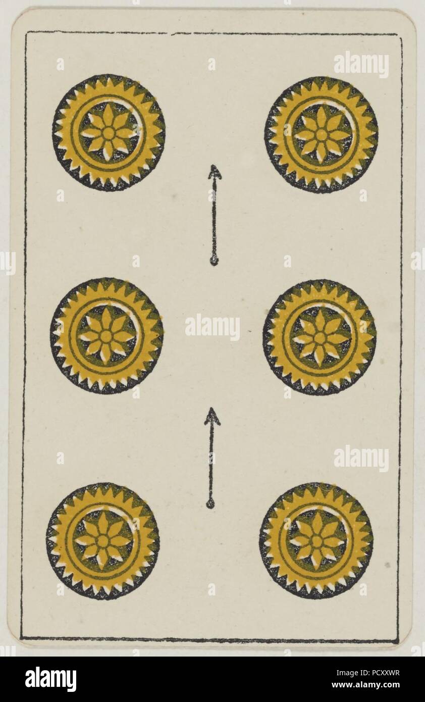 Aluette card Deck - Grimaud - 1858-1890 - Sechs der Münzen. Stockfoto