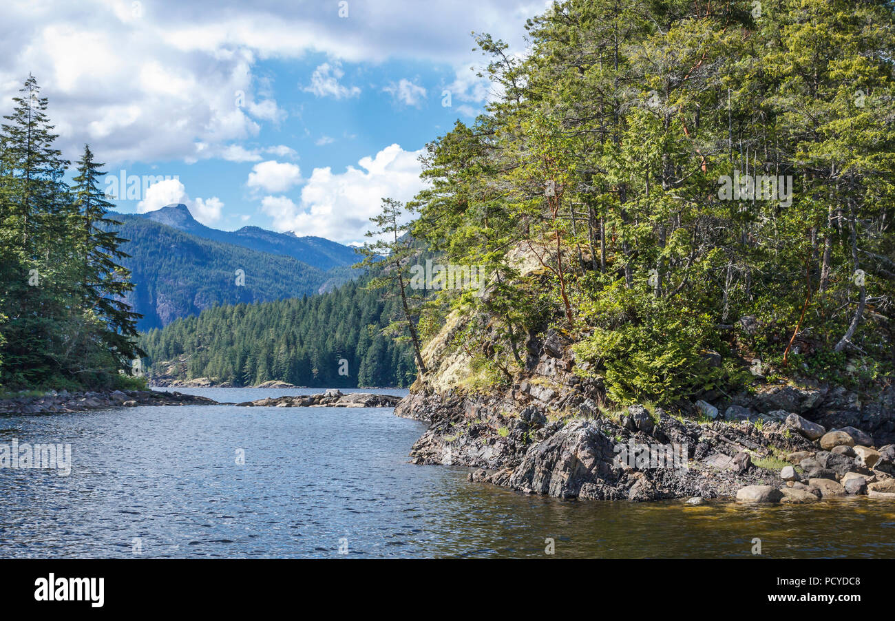 Ein Blick auf die bewaldeten Ufer und die Berge nördlich von hotham Sound, eine geschützte Bucht in Harmonie Islands Marine Provincial Park in British Columbia. Stockfoto