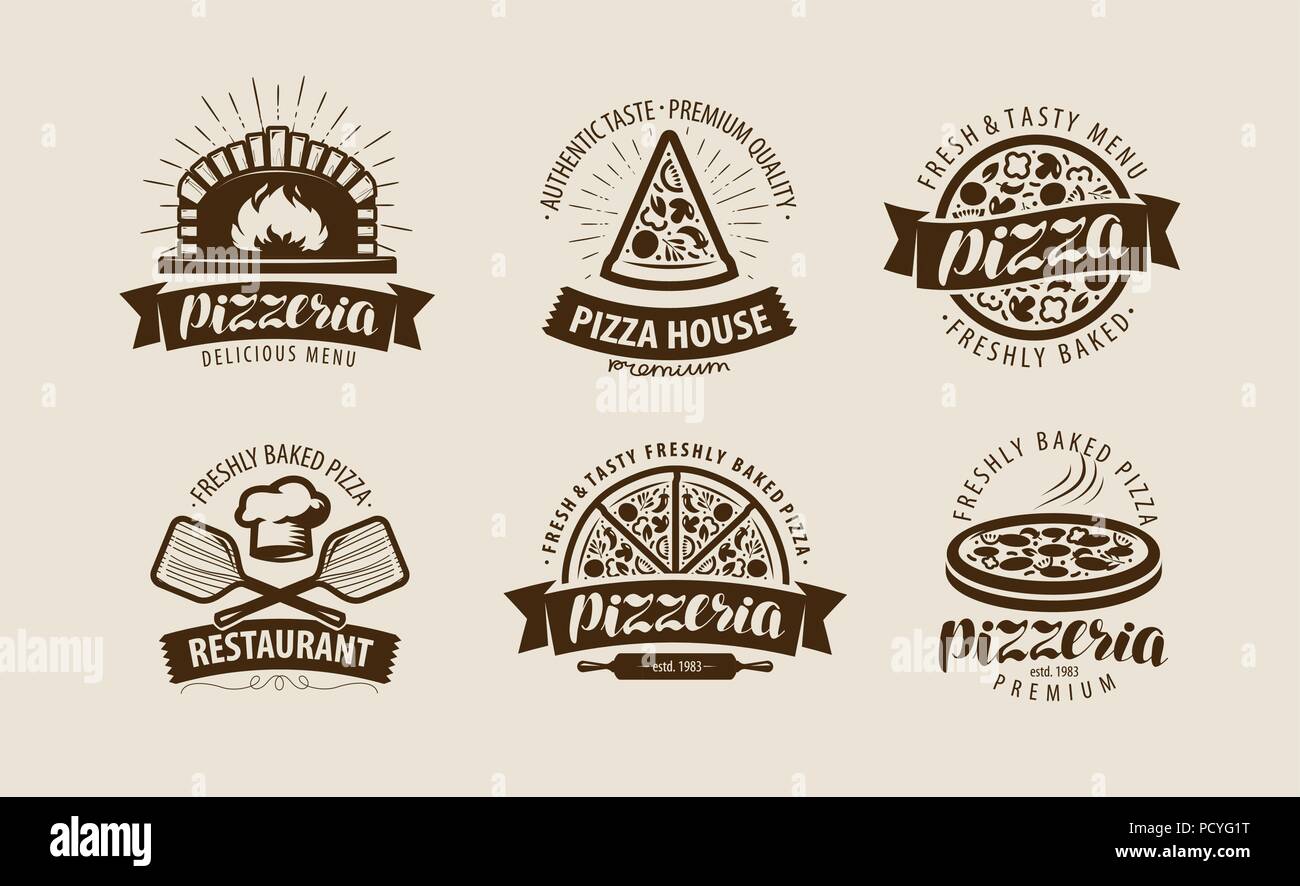 Pizza, Pizzeria Logo oder Label. Essen Symbol gesetzt. Vector Illustration Stock Vektor