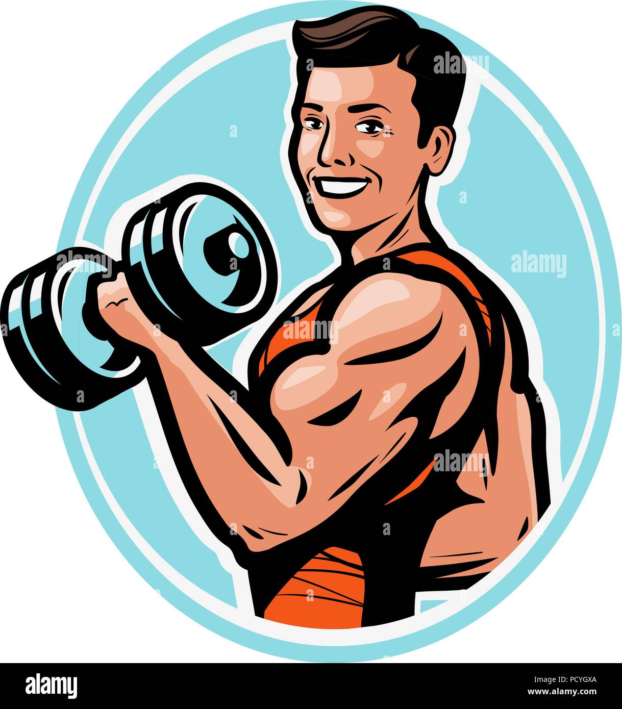 Starke athletischen Mann wirft schwere Kurzhanteln mit seinen Händen. Fitness, Body-building Konzept. Vector Illustration Stock Vektor