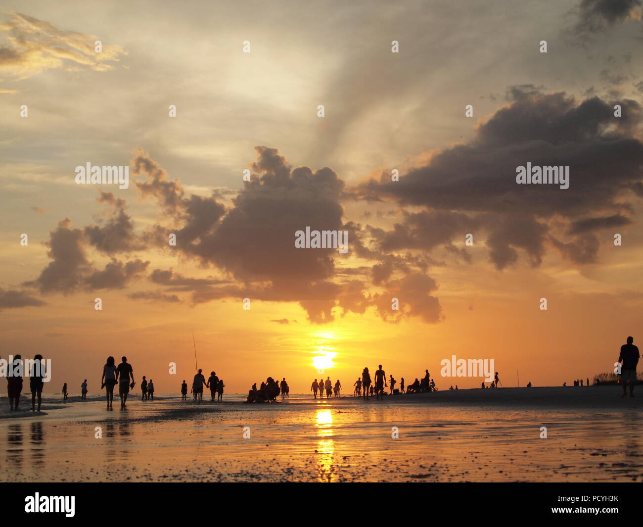 Menschen zu Fuß am Strand bei Sonnenuntergang auf Siesta Schlüssel Strand. Low-Winkel-Ansicht mit Lichteffekt Silhouetten von Menschen genießen die Natur Stockfoto